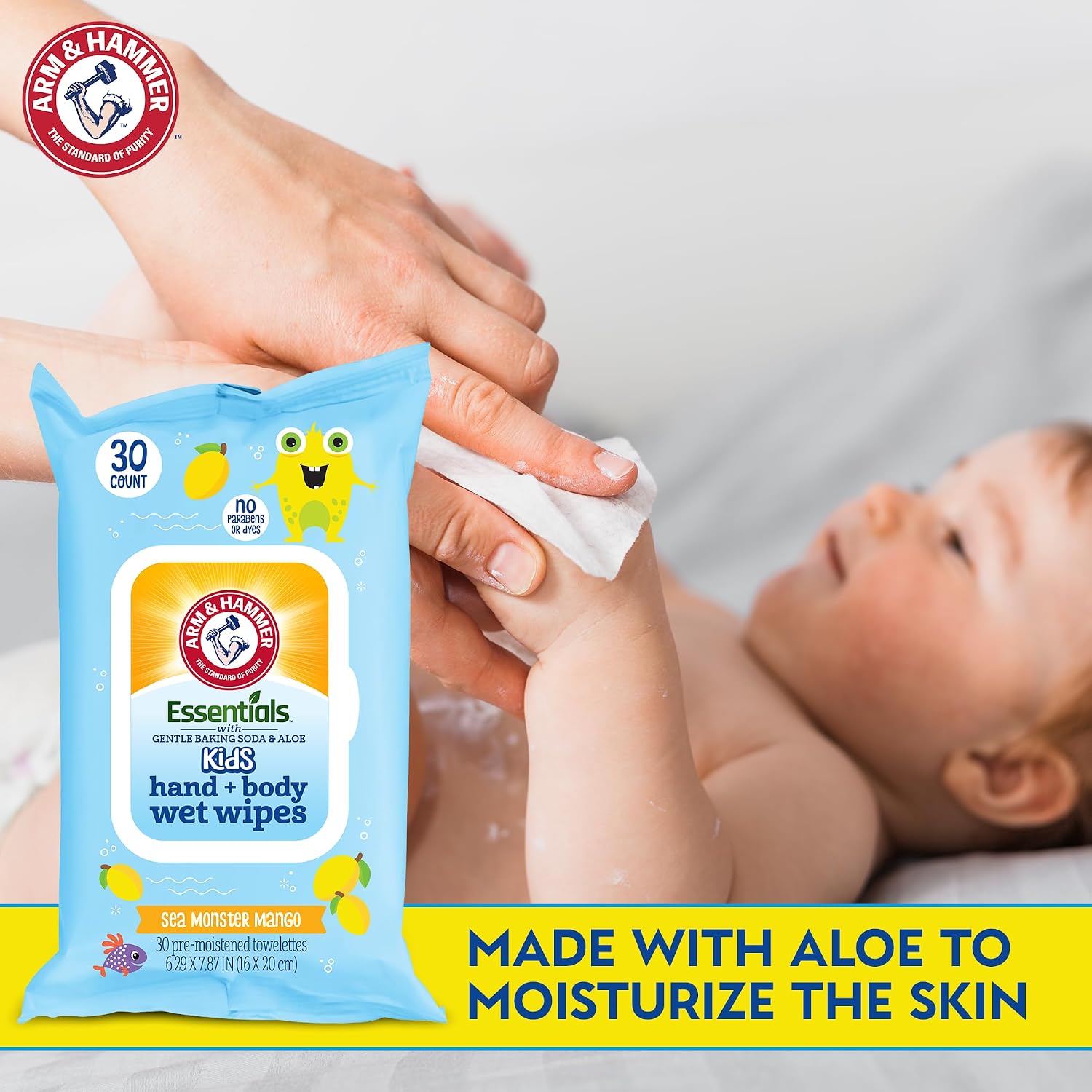 Sea Monster Mango Baby Wipes - 30 Count Travel Friendly Face & Body Wet Wipes - 1 Flip-Top Pack of Towelettes Infused