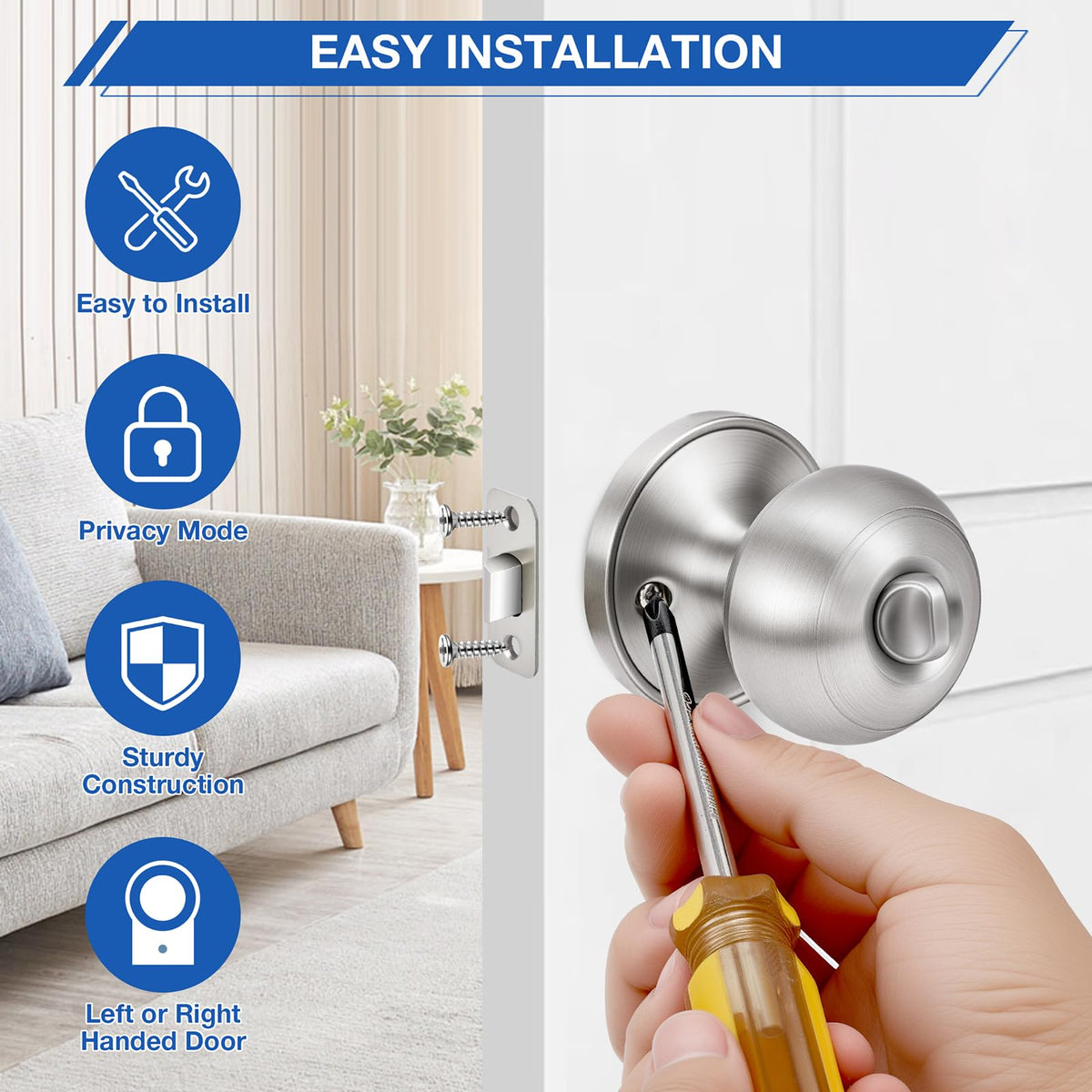6 Pack Brushed Nickel Door Knobs,Privacy Door Knob with Lock, Interior Doorknobs Silver, Keyless Door Locks Set for