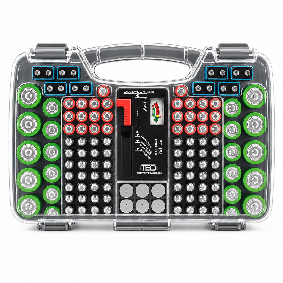 180 Battery Organizer Case with Tester, Double-Sided, Locking Lid