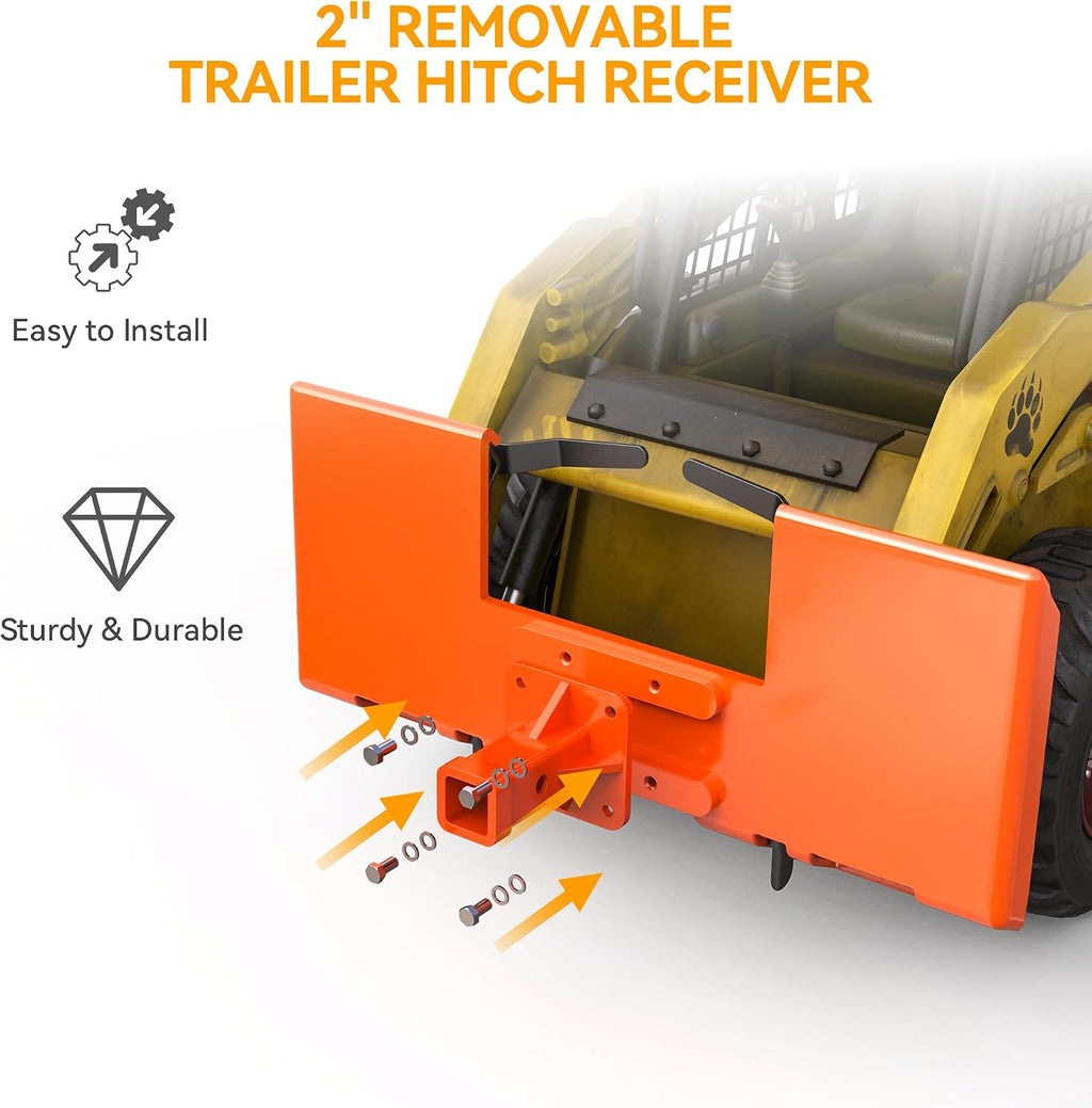 3/8" Skid Steer Mount Plate with Removable 2" Receiver | Thick Skid Steer Plate Attachment, Universal Skid Loader