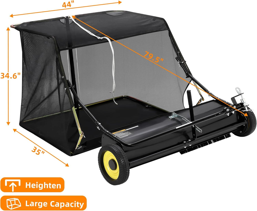 44-Inch Tow Behind Lawn Sweeper – Heavy Duty Leaf & Grass Collector – Large 18 Cu.Ft Container – Adjustable Sweeping