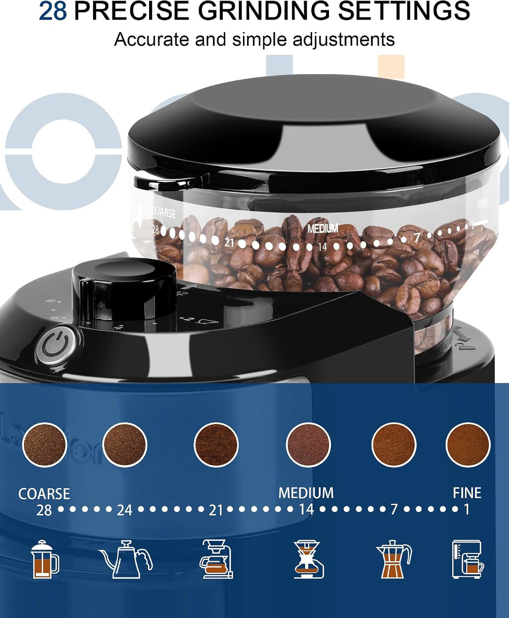 Burr Coffee Grinder Electric - Adjustable Burr Grinder with 28 Precise Grind Settings for 12 Cups - Coffee Grinders