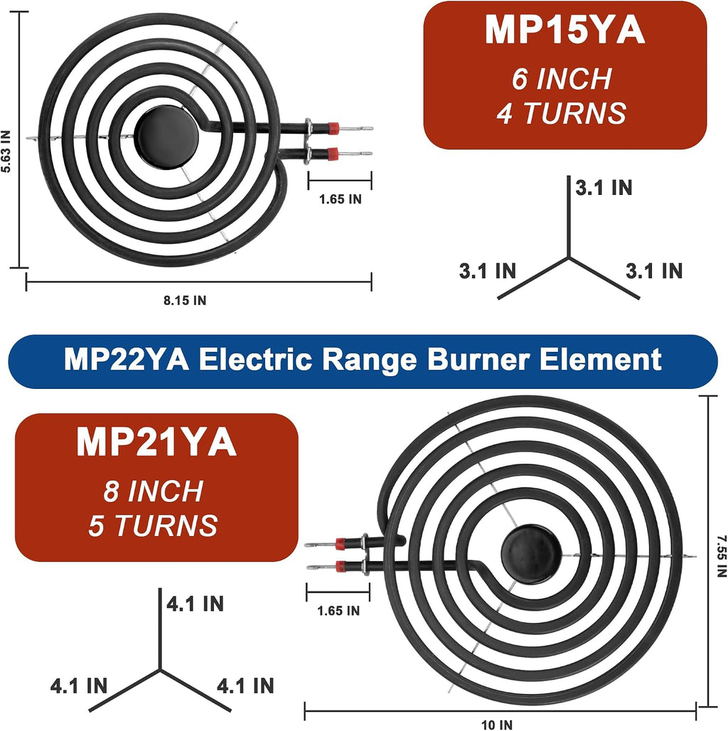 W10290350 W10290353 Black Porcelain Drip Pans and MP22YA Electric Stove Burner Element Set Replacement for Amana Whirlpool Electric Stove, Replace W10288051 Drip Pans by Fetechmate
