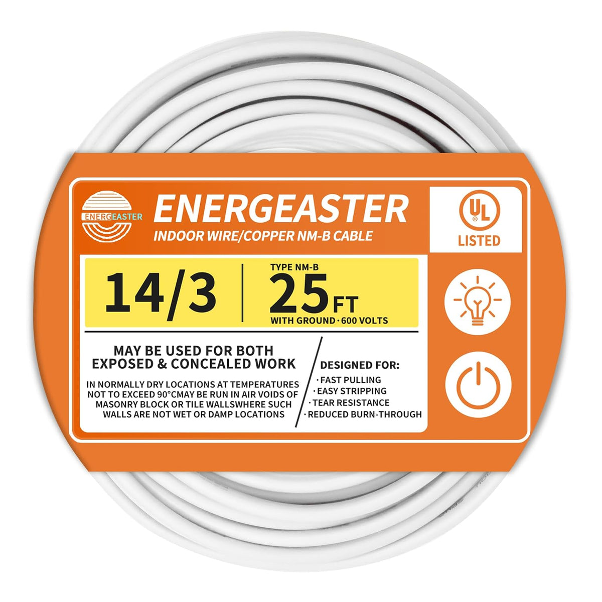 Energeaster Solid Indoor 14/3 NM-B Copper Cable with Ground 25FT, White