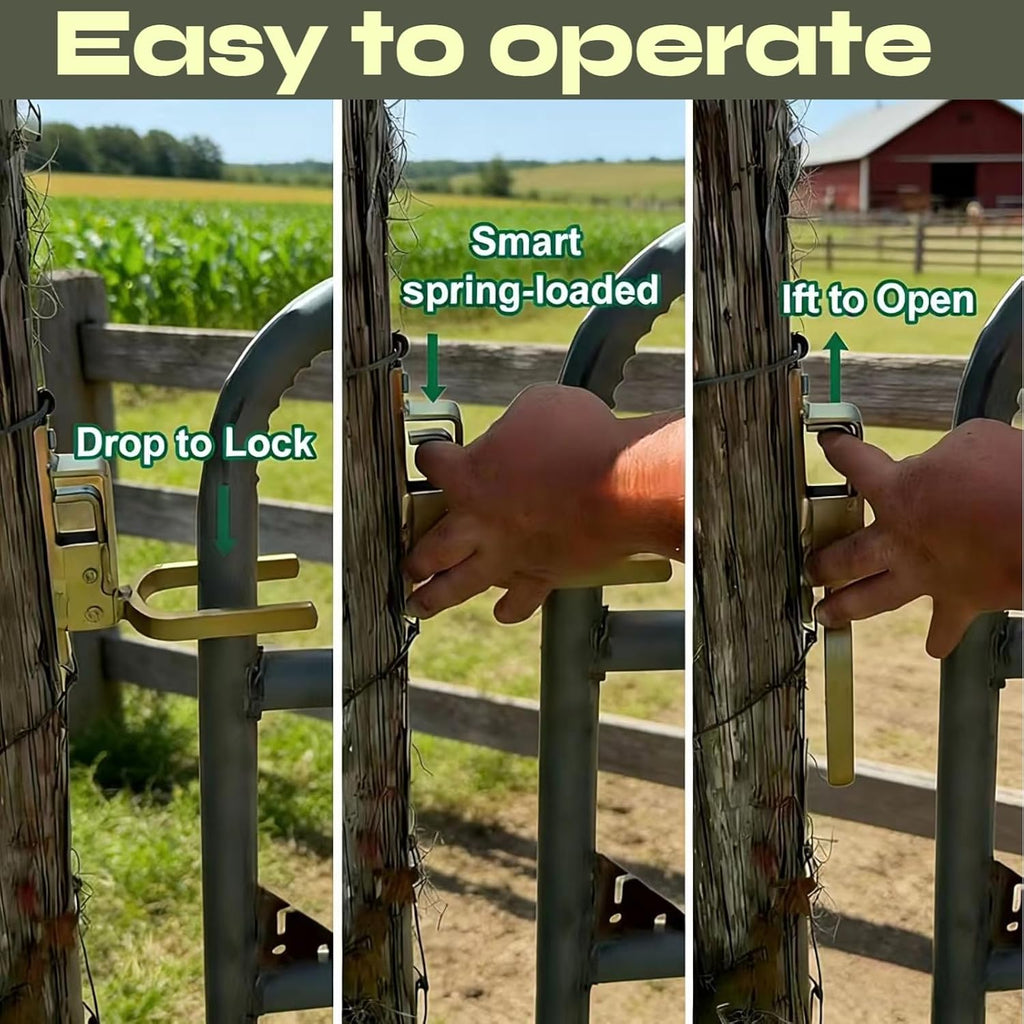 Heavy Duty Gate Latch for Farm & Ranch Gates, One Hand Automatic Spring Lock, Instant Self Locking Gate Latch for