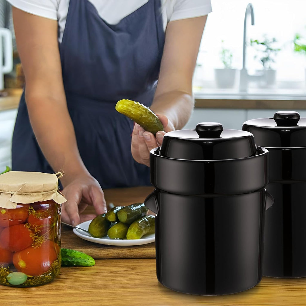 2 Set 1/2 Gallon Fermentation Crock Sauerkraut Crock with Lid Weights & Pounder Ceramic Fermenting Jar Brown
