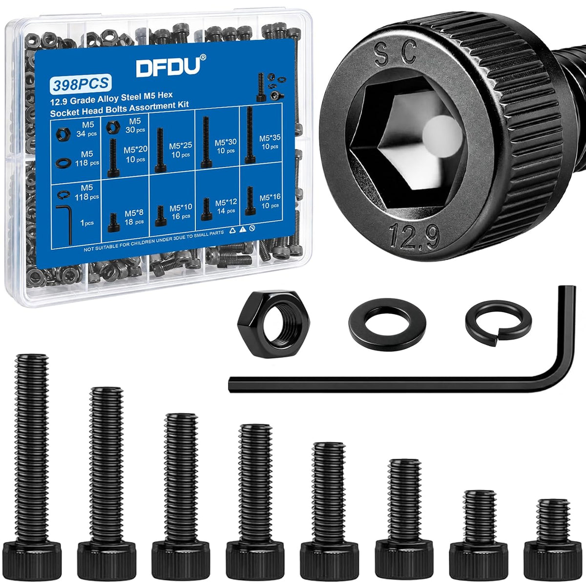 398PCS M5 Socket Head Cap Bolts Nuts Kit, M5x8/10/12/16/20/25/30/35 mm