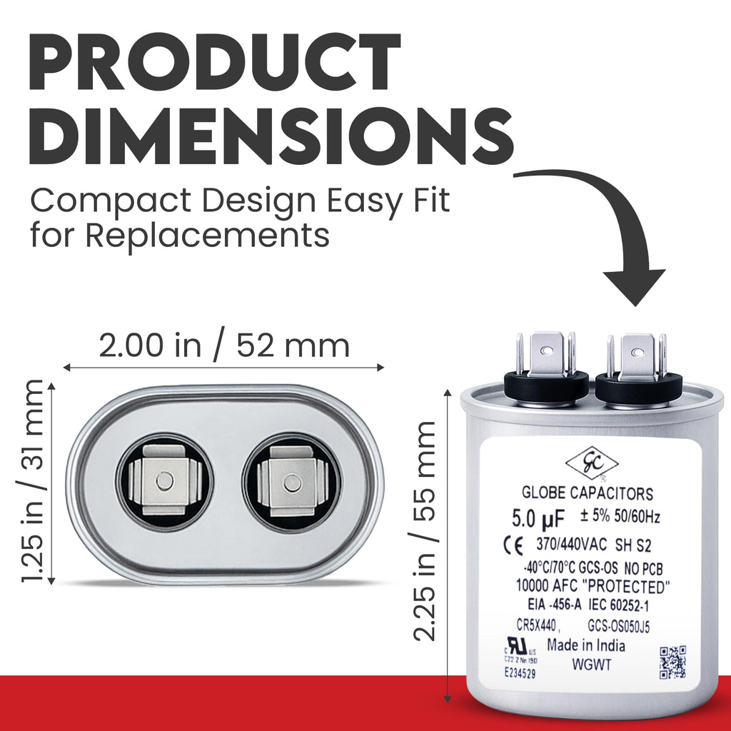 Globe Capacitor, Oval Run Start, 5MFD CBB65 Single Element, 370V/440V
