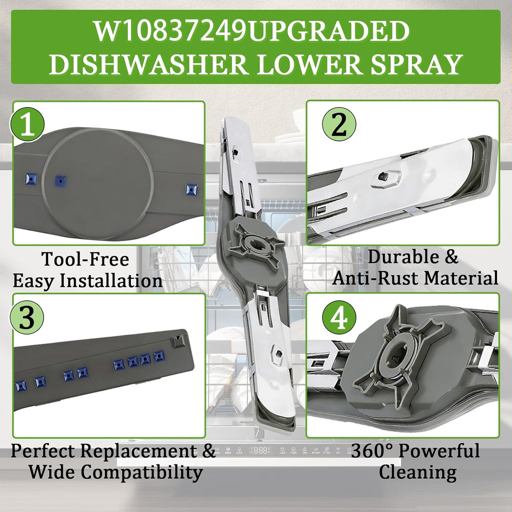 W10837249 Dishwasher Lower Spray Arm for Whirlpool WDT750SAHZ0 WDTA50SAHZ0