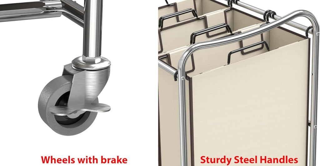 Heavy Duty 3-Bag Laundry Sorter Rolling Cart, Chrome | Removable Bags and Lockable Wheels for Laundry Room Organization