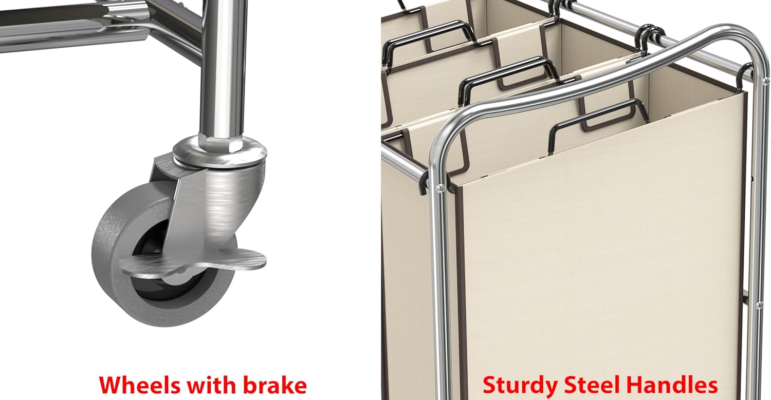 Heavy Duty 3-Bag Laundry Sorter Rolling Cart, Chrome | Removable Bags and Lockable Wheels for Laundry Room Organization