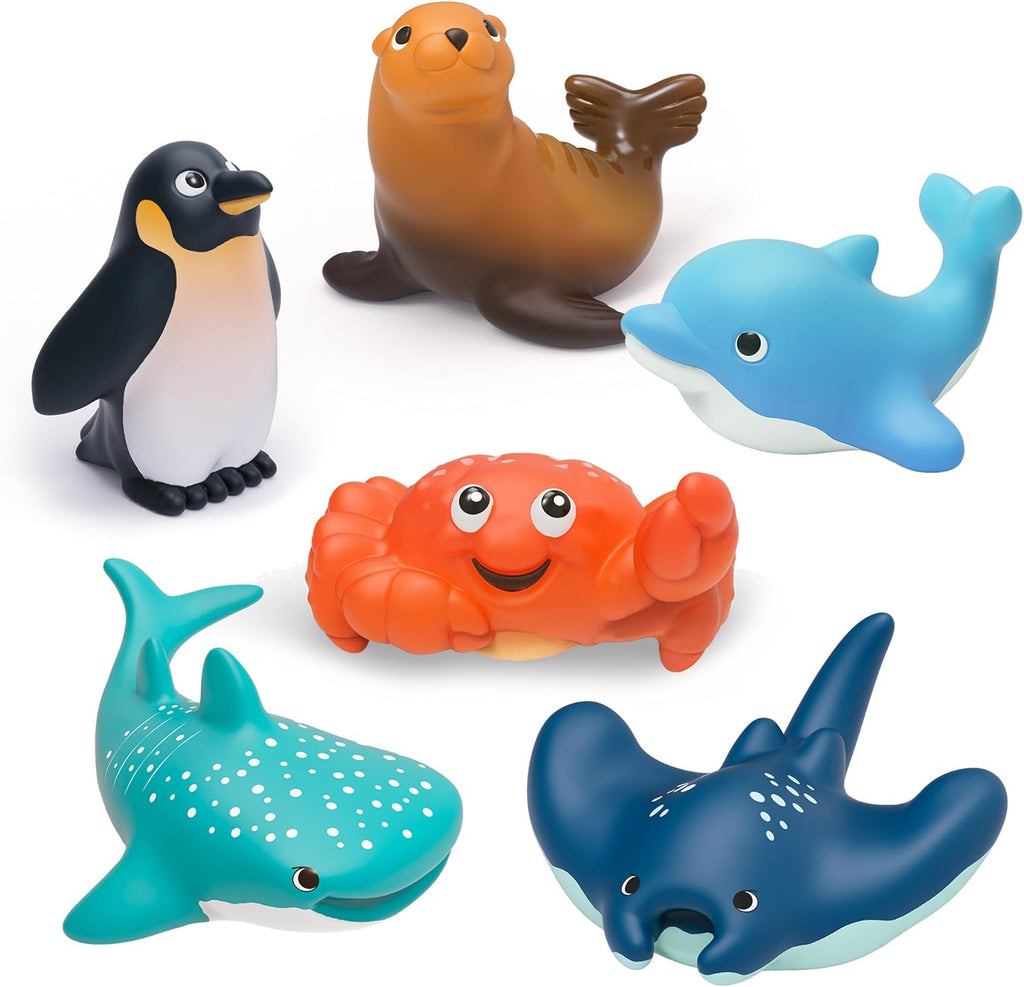 6-Pcs Ocean Animal Bath Toys for Toddlers 6M+, No Hole Mold Free Bathtub Toys, Whale Shark Dolphin Penguin Sea Animal