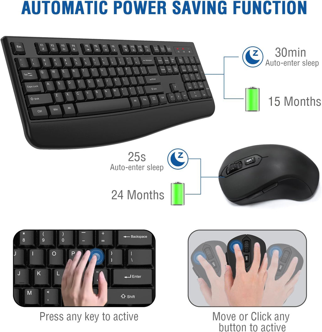 Wireless Keyboard and Mouse Combo, EDJO 2.4G Full-Sized Ergonomic Computer Keyboard with Wrist Rest and 3 Level DPI