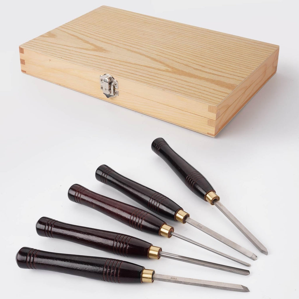 Woodworking HSS Wood Turning Tools Lathe Chisel Set of 5 pcs Mini with Wooden Box, Ideal for Pen Turning and Small