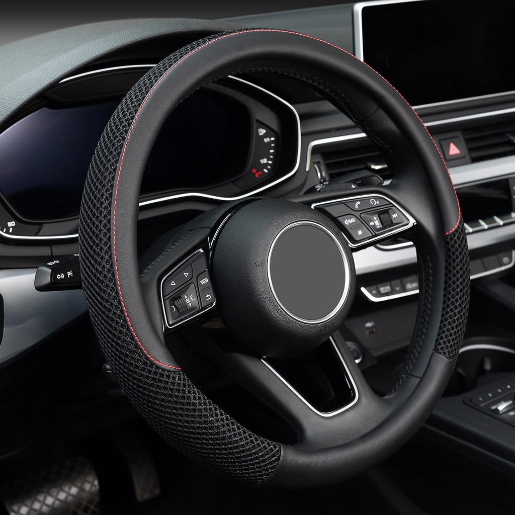 15 inch Steering Wheel Cover, Cooling Ice Silk Mesh with Microfiber Leather, Ultra Breathable, Anti Slip Car Grip