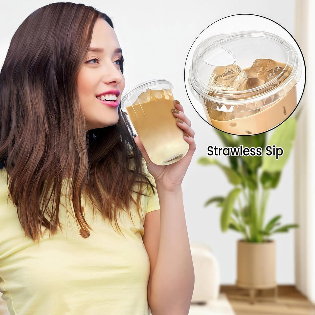 16 oz Clear Plastic Coffee Cups with Sip Lids, 50 Sets