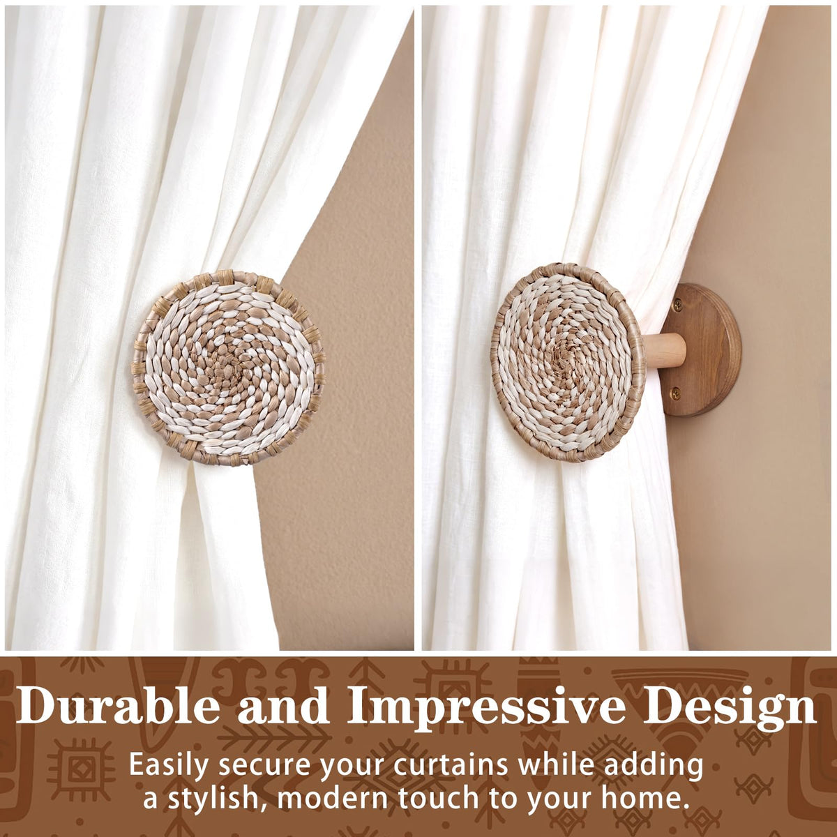 2 Pack Boho Curtain Holdbacks Rattan Tiebacks, Round White