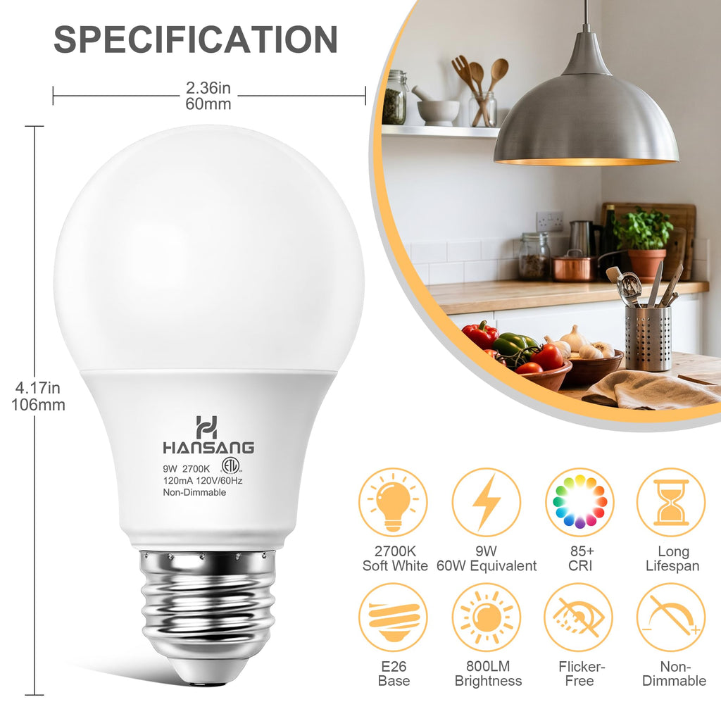A19 LED Light Bulbs 2700K Soft White E26 Base 60 Watt Equivalent