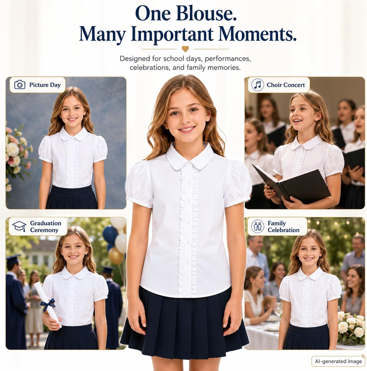 Girls School Uniform Blouse: Ruffle Front Puff Short Sleeve | Cotton Fabric, Button Closure, Solid White, Ages 6-13