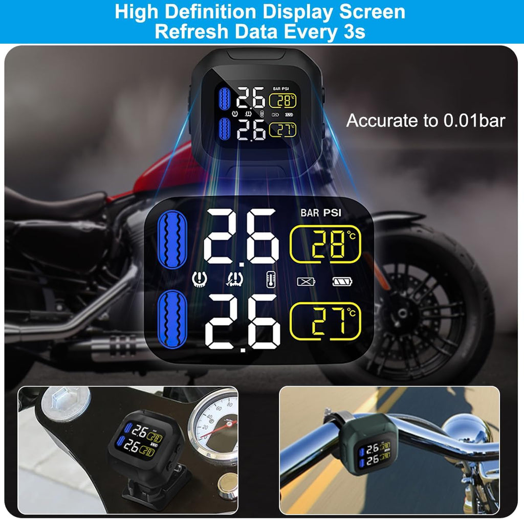 Motorcycle TPMS with 2 External Sensors, USB Rechargeable，LCD Display | Wireless TPMS for Two-Wheeled Motorcycles