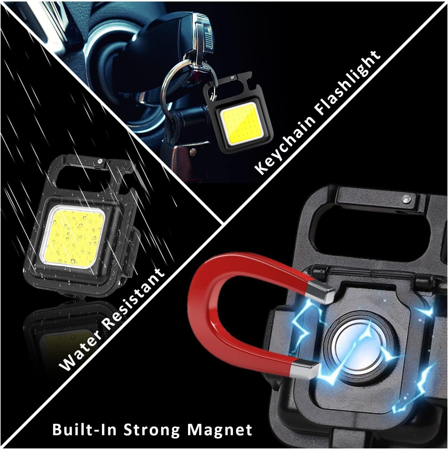 COB Rechargeable Keychain Flashlight 2Pack, High Lumen Super Bright LED Work Light with Magnet,Clip,Bottle Opener for