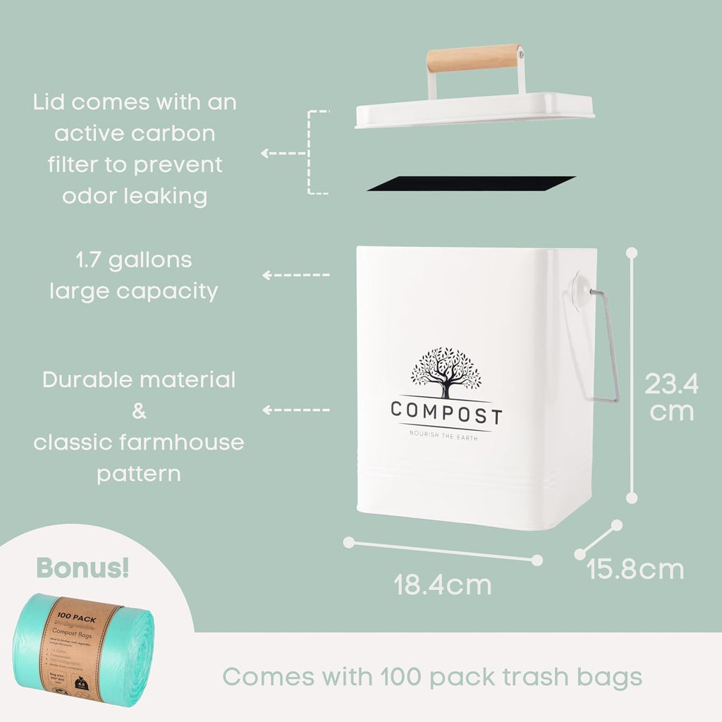 Kitchen Compost Bin, 1.7 Gallon Countertop Compost Bin with Lid, Indoor Compost Bin Includes 2 Carbon Filters, Small