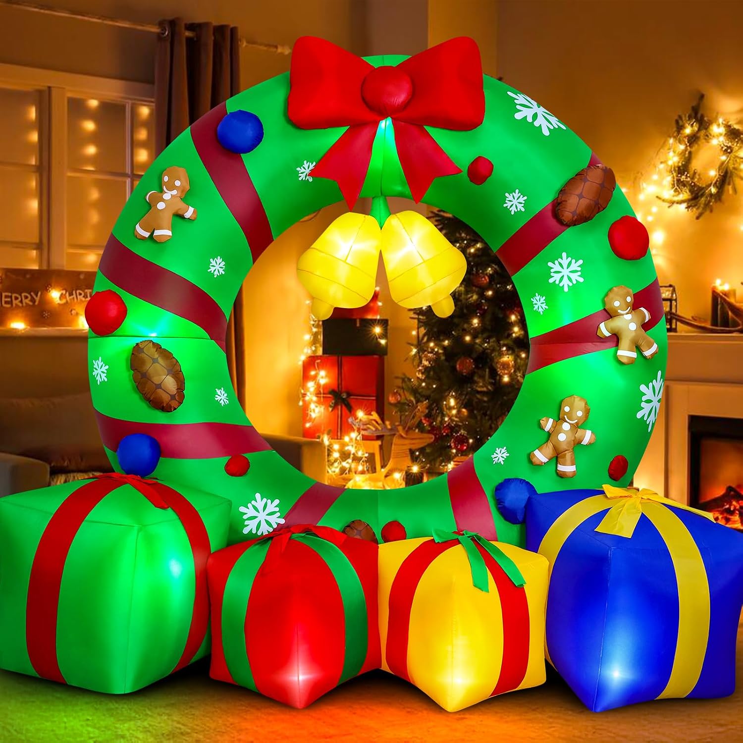 10FT Giant Inflatable Christmas Wreath Outdoor Decor Blow Up Xmas Wreath with Gift Boxes Bells LED Lights Holiday