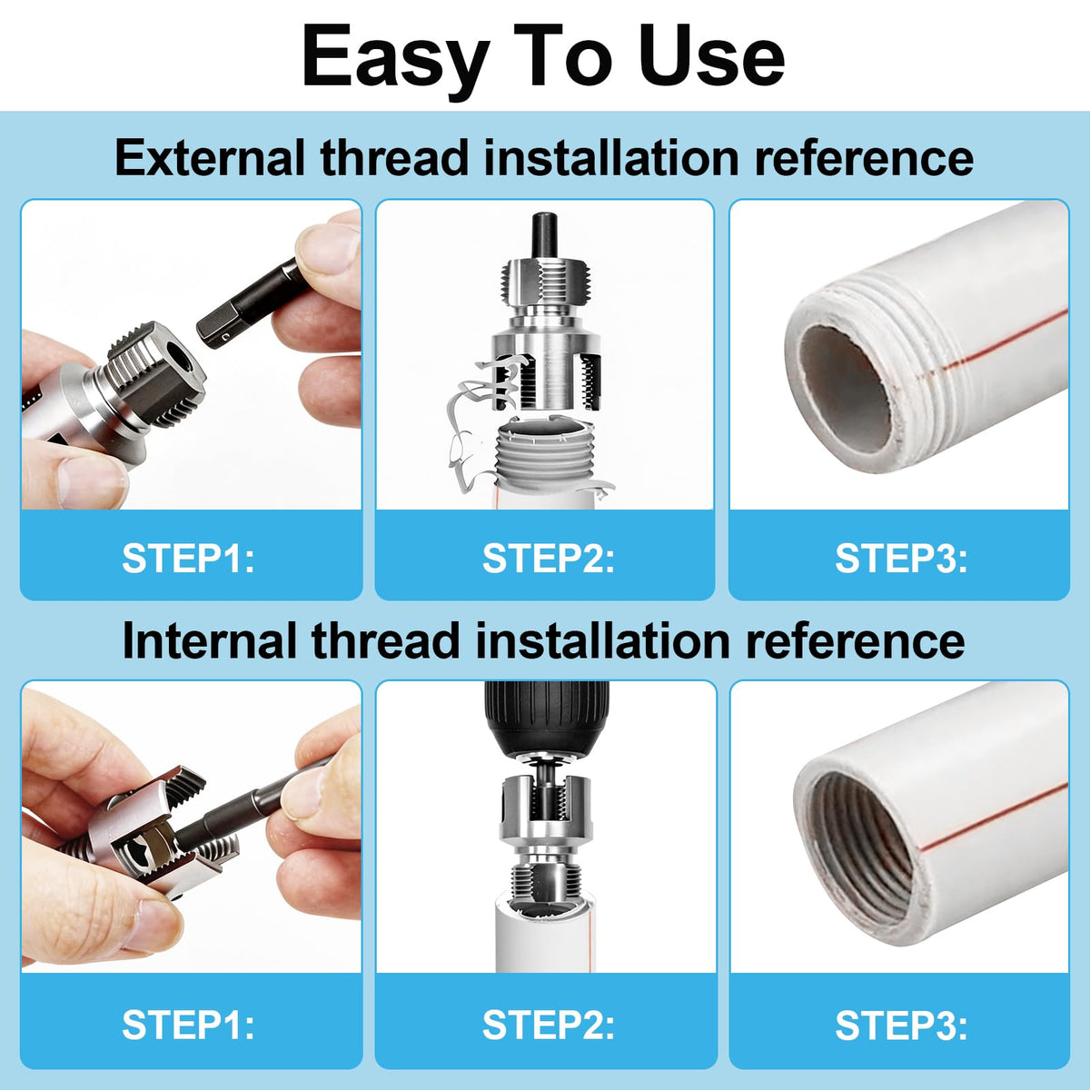 3PCS Integrated PVC Pipe Threader Tool - 1/2" & 3/4" & 1" Dual-Function Internal External Pipe Threading Tool for Water Pipe, Electric Drill Compatible Heavy-Duty Pipe Thread Cutting Tool Set (3 Size)