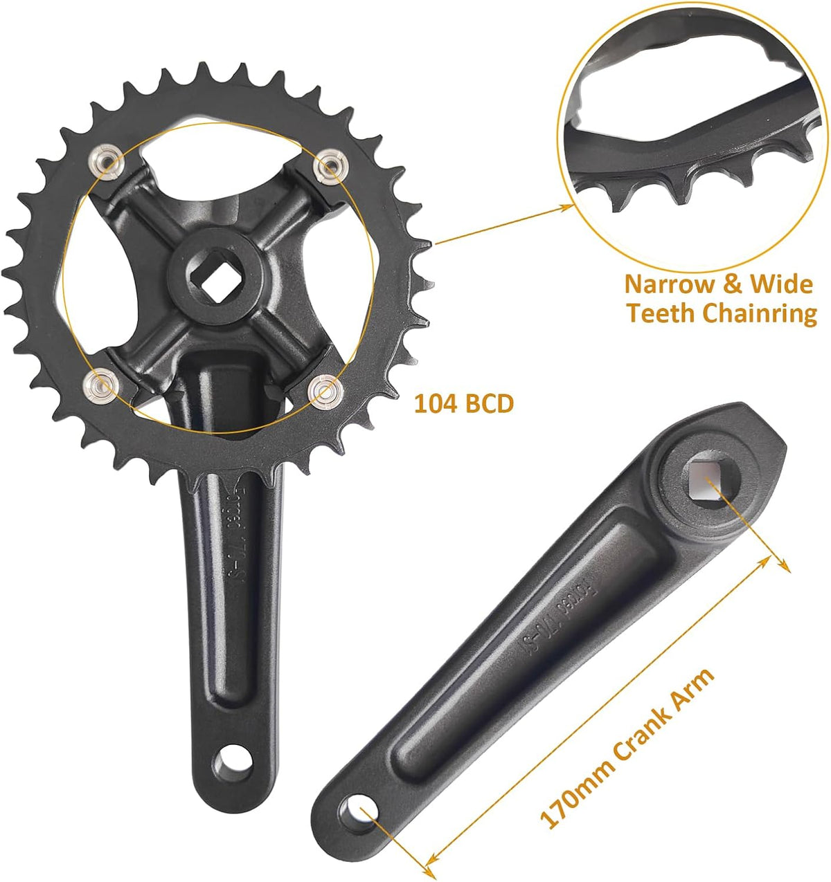 CNC 34T Single Speed Crankset 104BCD 170mm Aluminum