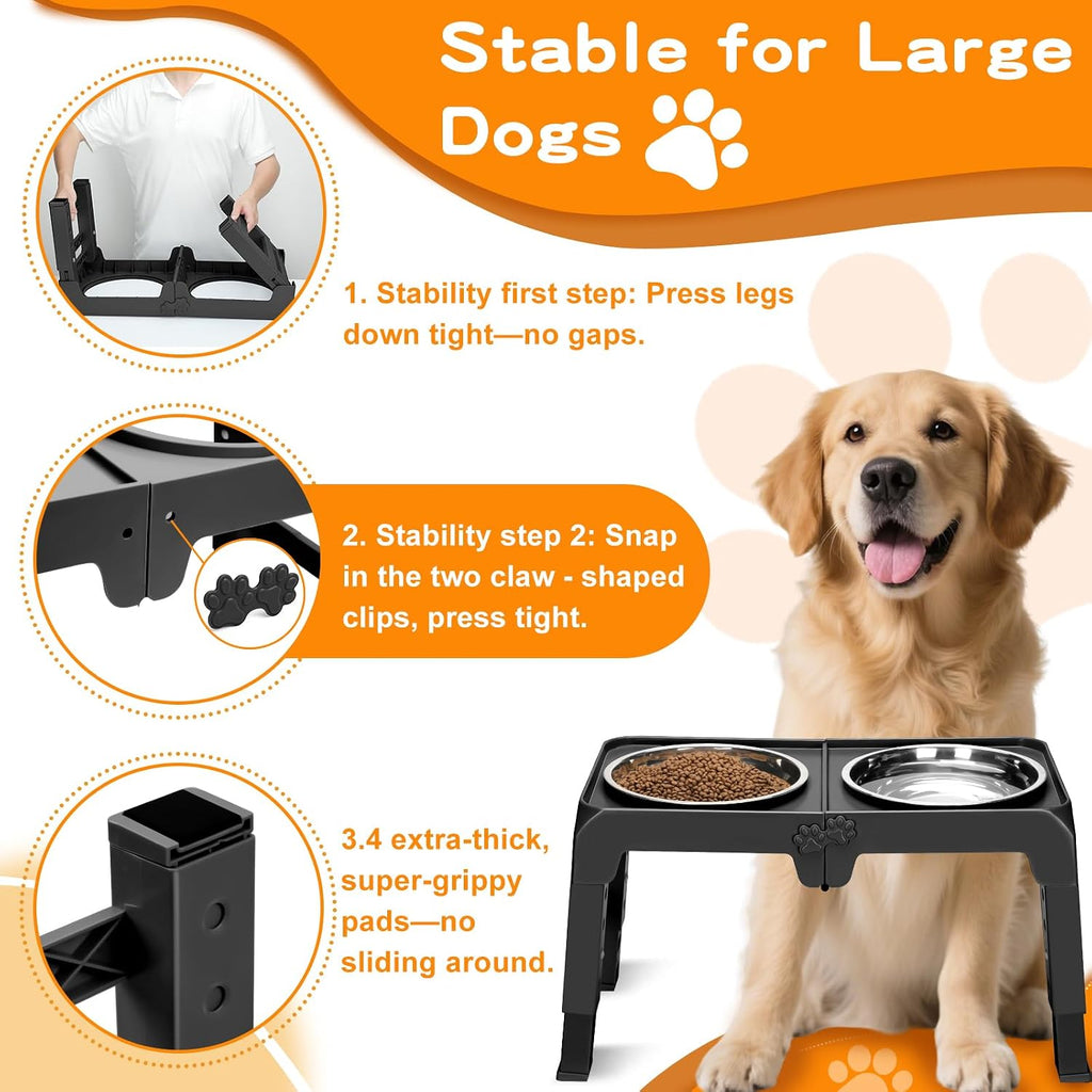 Elevated Dog Bowls for Large Dogs 5 Adjustable Heights 7.5"-15.4", 2 X-Large 10” Stainless Steel Bowls, Heavy Duty