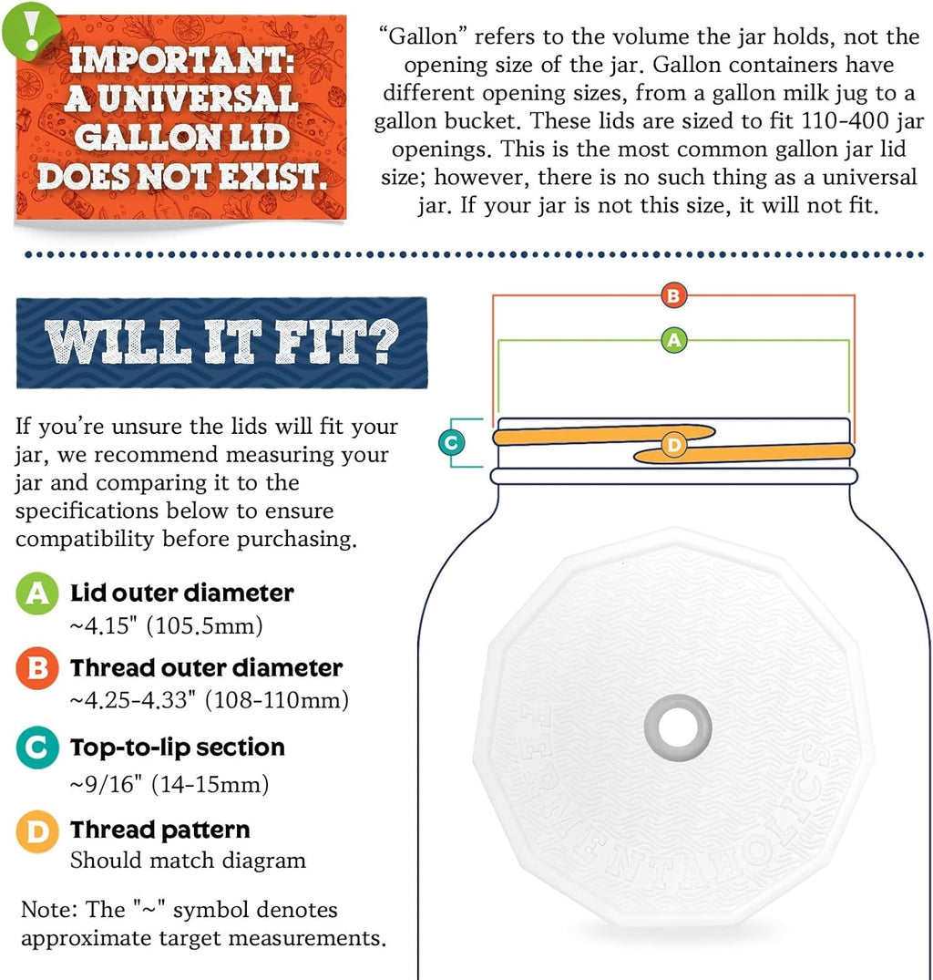 2 Pack - 110mm One Gallon Fermentation Lid, Gasket & 3-piece Airlock - Airtight Lid Turns Gallon Jar Into A Fermenter
