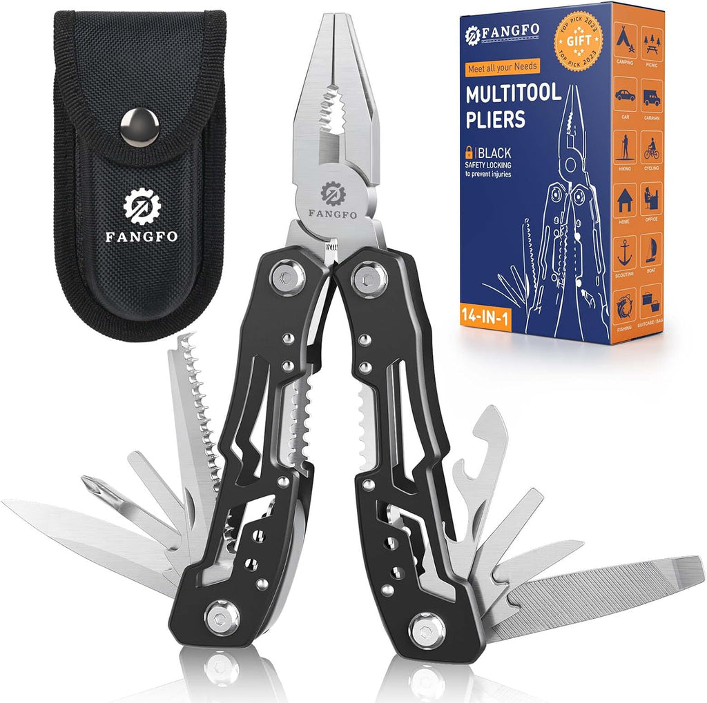 14-In-1 Multitool with Safety Locking, Professional Stainless Steel Multitool Pliers Pocket Knife, Bottle Opener