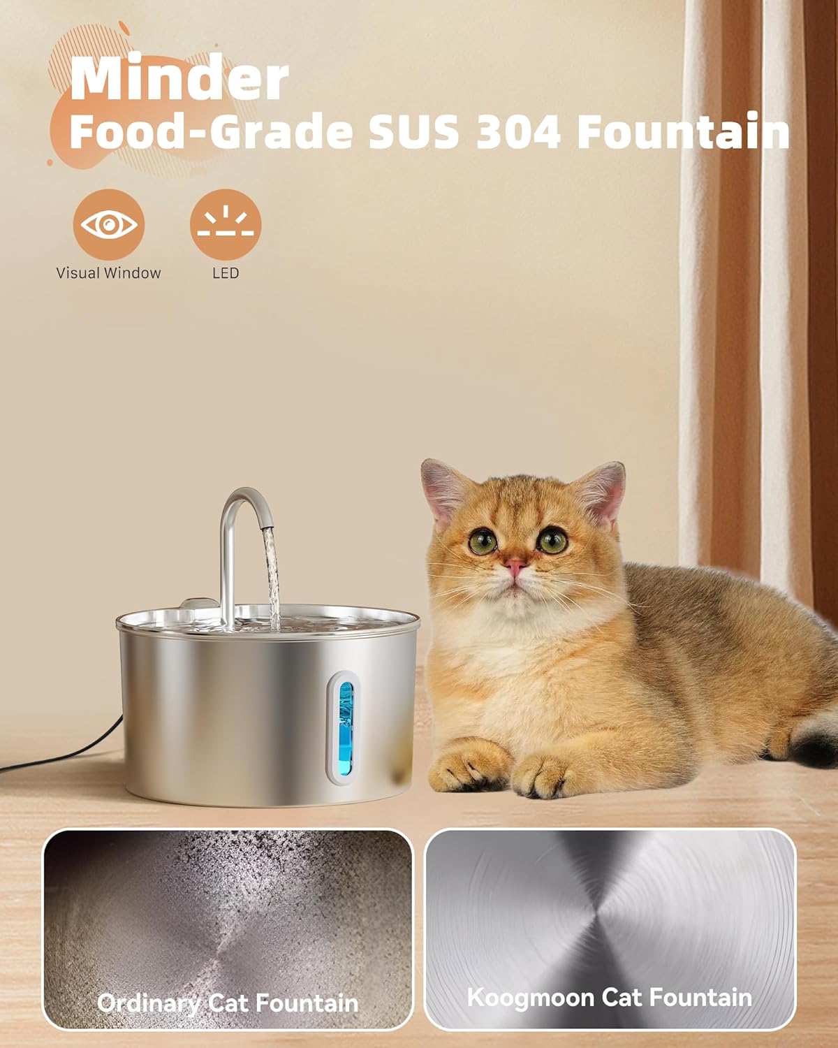 Cat Water Fountain Stainless Steel: 108oz/3.2L Cat Fountain for Drinking - Pet Water Fountain for Cats Inside