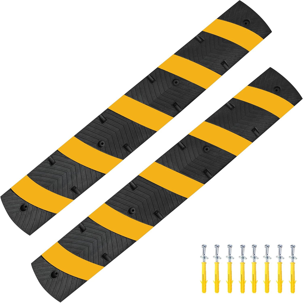 2-Pack 6FT Speed Bumps with 8 Bolts | Heavy Duty Rubber Driveway Bump for Asphalt, Concrete, Gravel, 2-Channel Cable