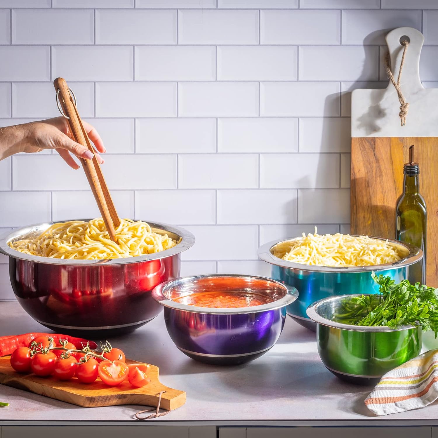 Colorful Mixing Bowl- 4 Pc Set- Stackable Nesting Bowls- Stainless Steel Mixing Bowls Non Slip Silicone Bottom