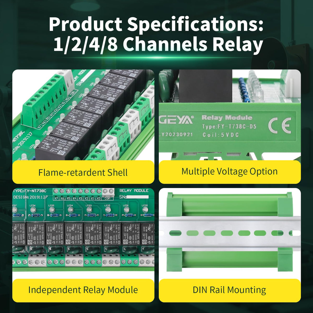 4 Channel Relay Module 1 SPDT DIN Rail Mount 12V DC/AC Interface Relay Module(FY-T734-12VACDC)