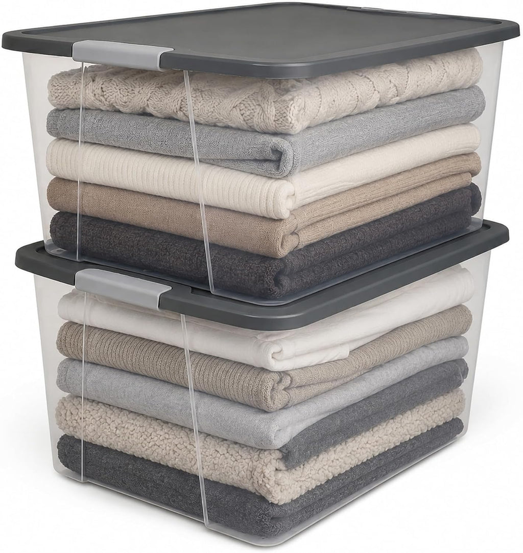 2-Pack Secure Latch, Clear Plastic Storage Organizer Bins, 64 Quart, Gray Lid - Heavy-Duty Container Boxes with Lids