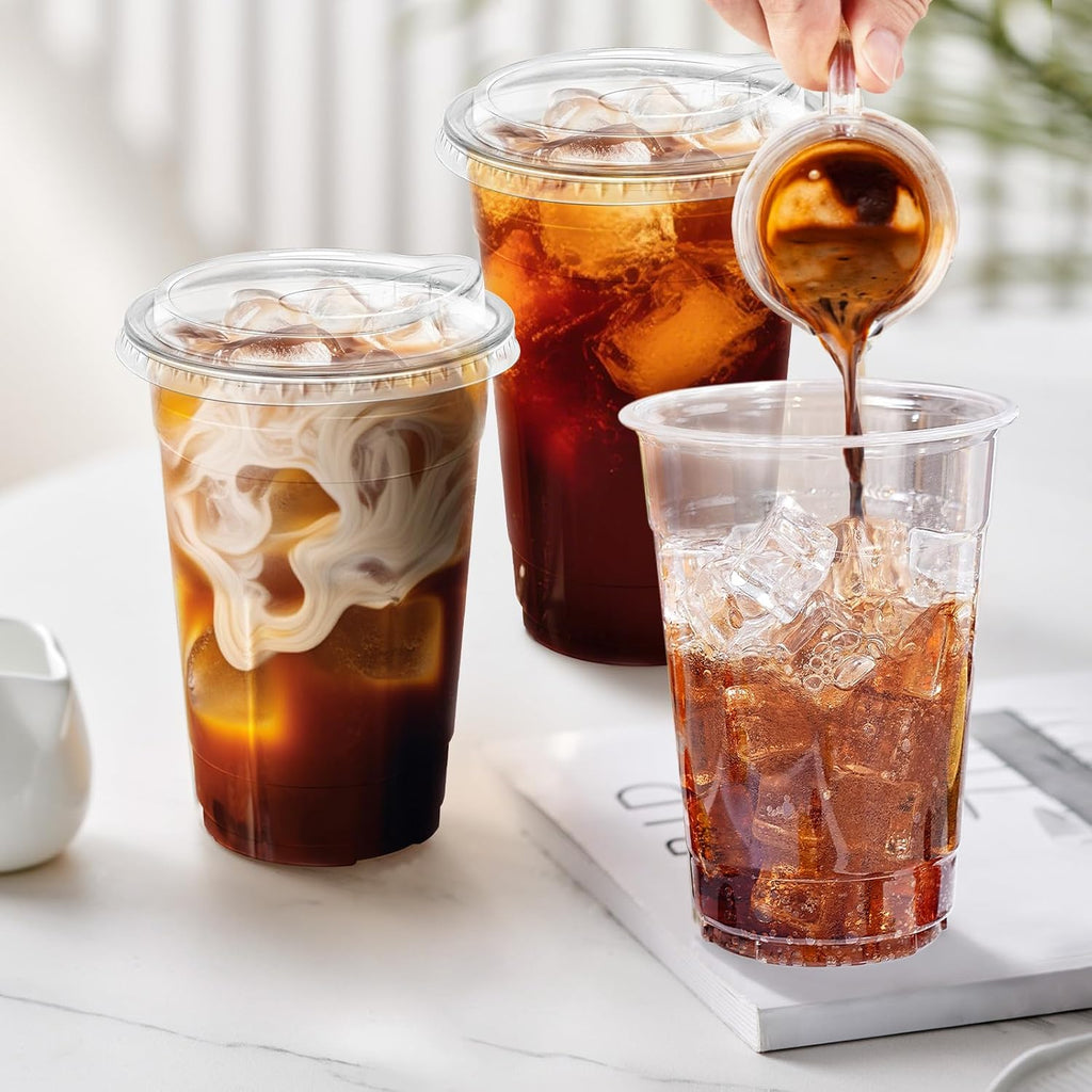 20 oz 100 Pack Plastic Cups with Lids Disposable Iced Coffee Cups