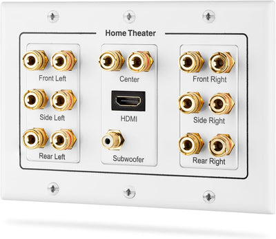 3-Gang 7.1 Surround Distribution Home Theater Wall Plate, White | Gold Plated Copper Banana Binding Post Coupler