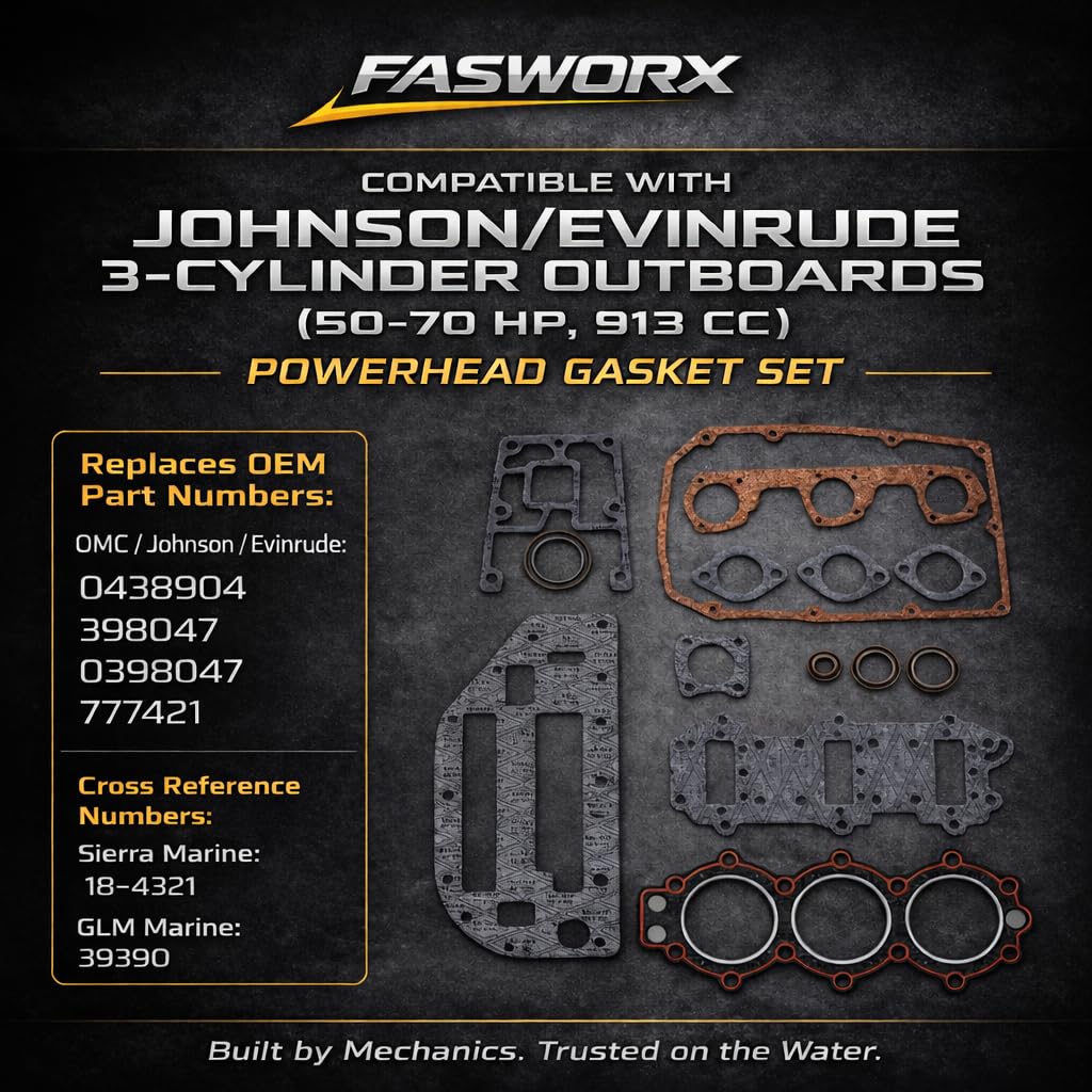 FASWORX Powerhead Gasket Set for Johnson Evinrude OMC 3-Cylinder 50 60 65 70 HP Outboard Motors (1986-2001) - Replaces OEM 0438904 398047 777421, Sierra 18-4321 - Marine Engine Rebuild Seal Kit