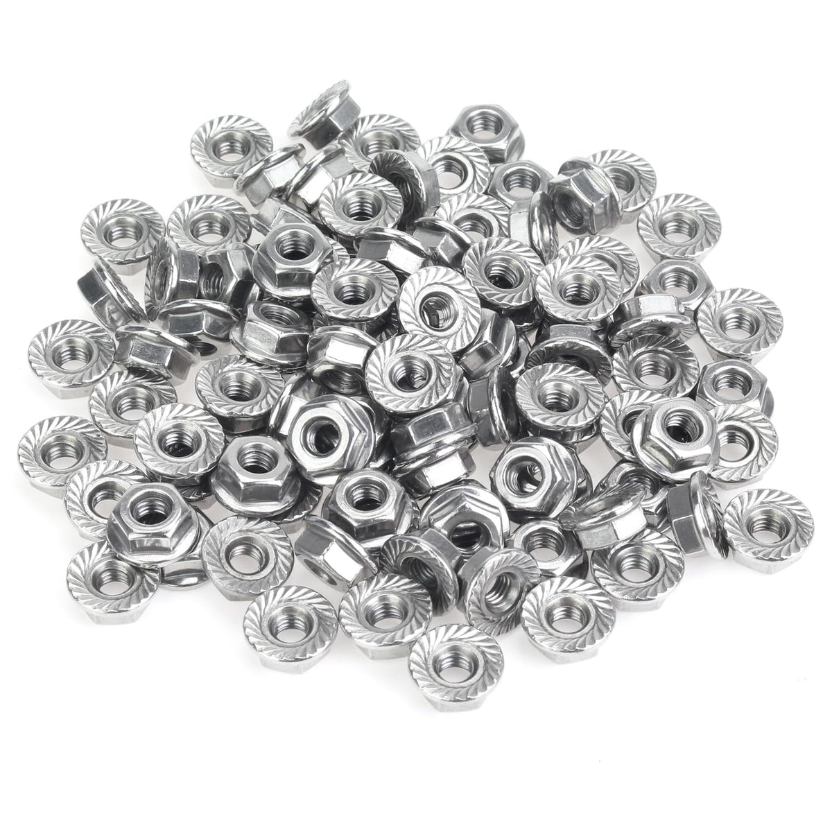 HELIFOUNER 100 Pieces #10-32 Flange Nuts, Serrated Flange Hex Lock Nuts Assortment Kit, 304 Stainless Steel (18-8), Bright Finish, Fine Thread