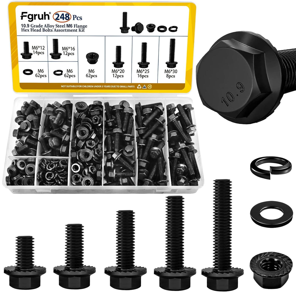 248PCS M6 Flange Hex Bolt Assortment Kit, M6-1.0 x 12/16/20/25/30 mm