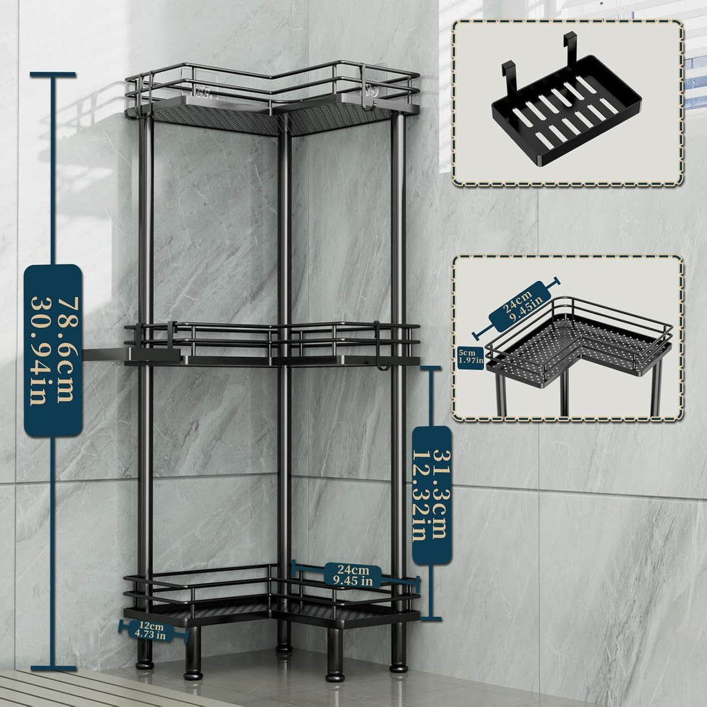 Corner Shower Caddy Standing - 3-Tier Stainless Steel Shower Organizer with Soap Holder and 4 Hooks, Large Capacity