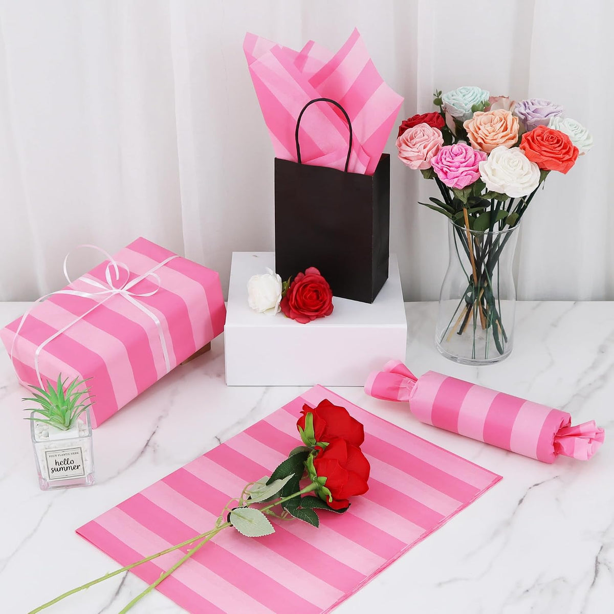 30 Sheets Rose Pink Big Stripe Tissue Paper Bulk for Gift Wrapping