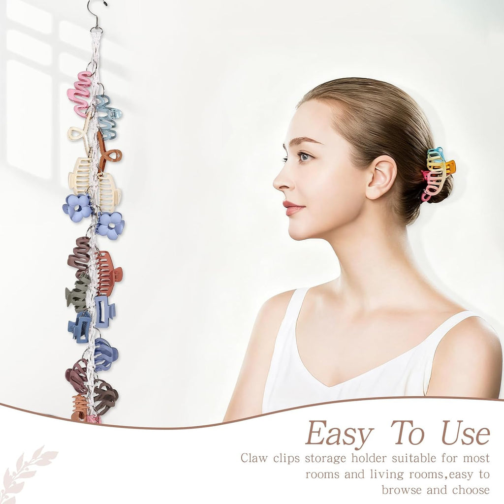 Macrame Hair Claw Clip Organizer with Rotating Hook and 20 Metal Rings,Hanging Hair Clip Holder and Storage for Women