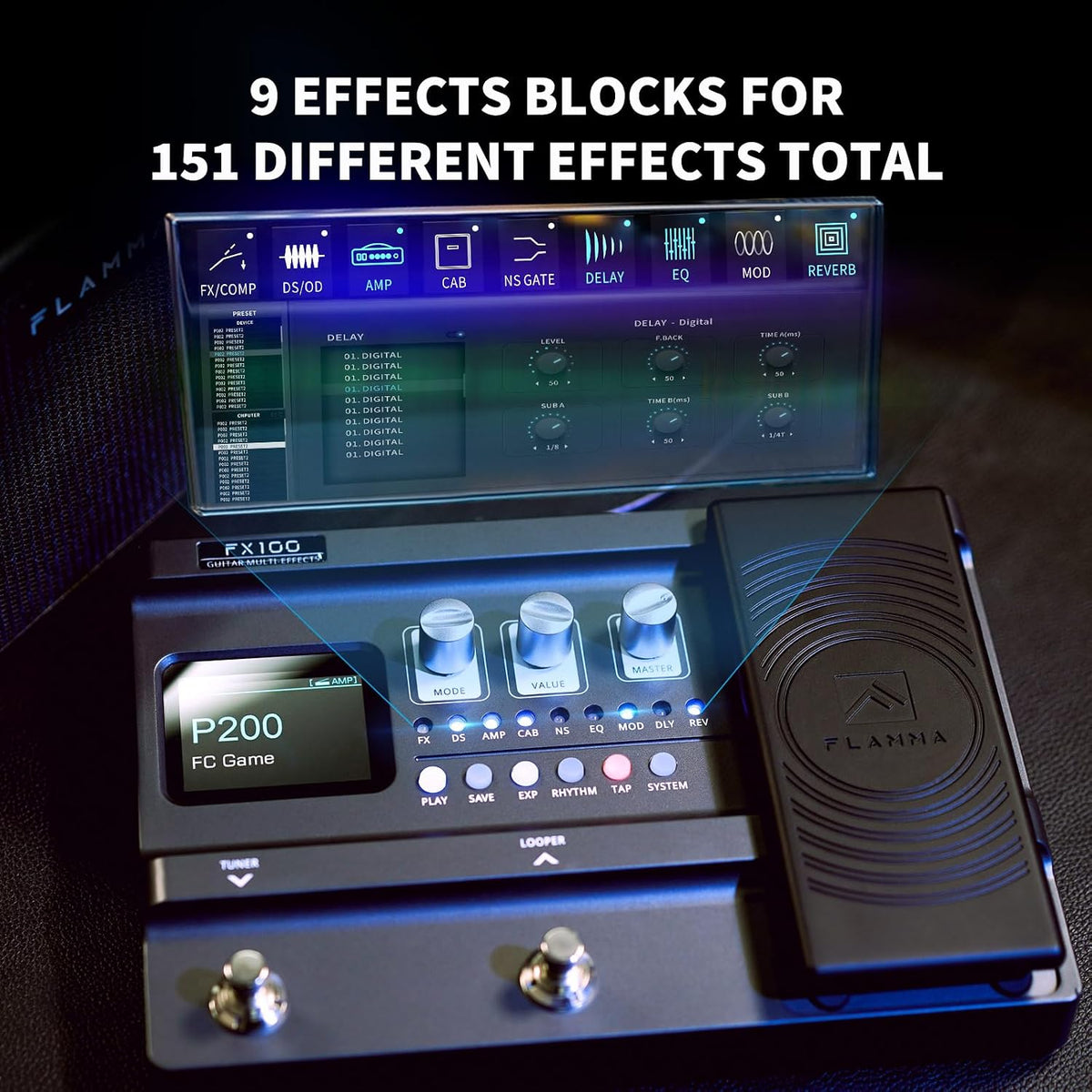 FX100 Guitar Multi-effects Pedal with 55 Amp Models 151 Built-in Effects 80' Looper 40 Drum Machine 10 3rd Party IR