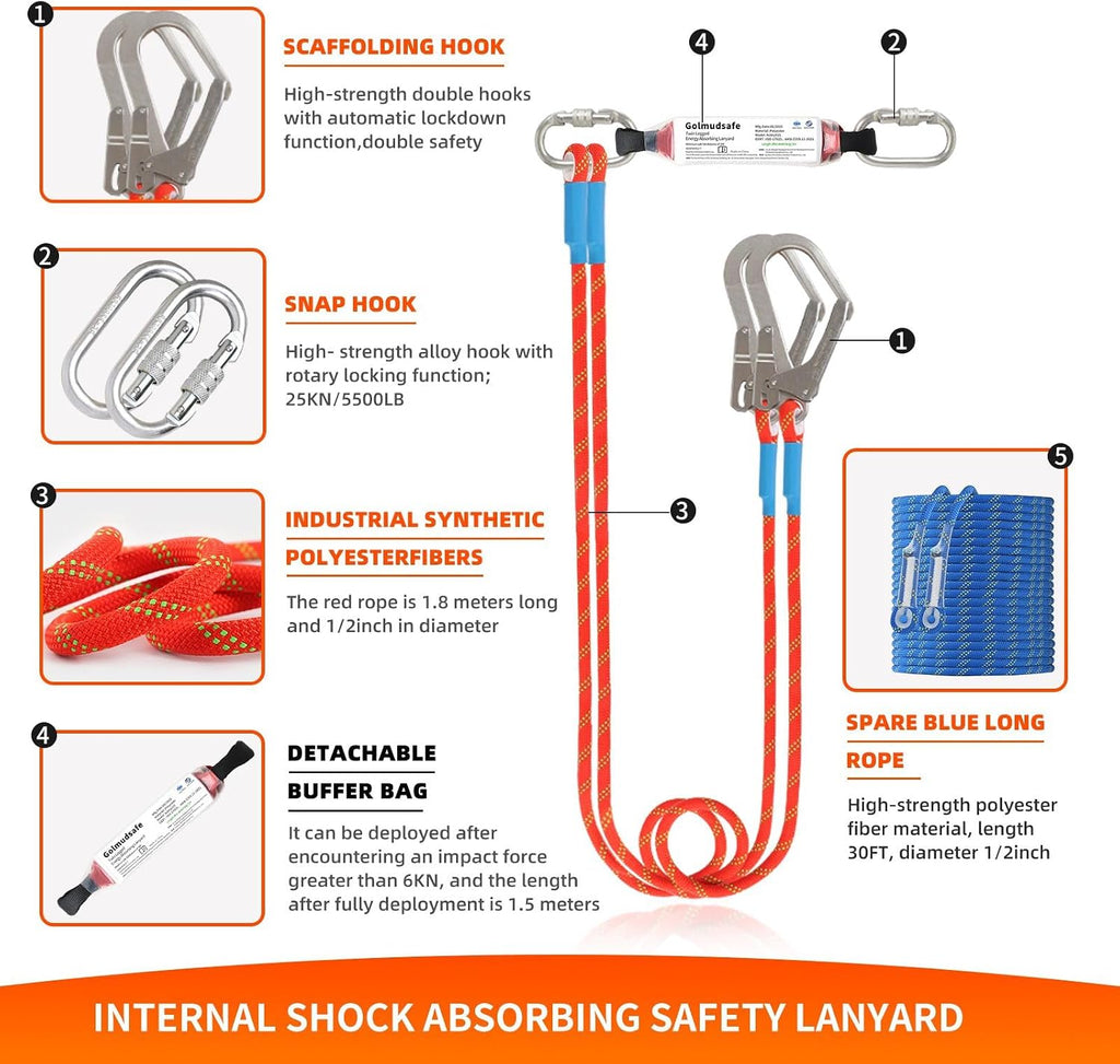 Safety Harness Fall Protection Kit,Full Body Roof Harness for Construction,Heavy-Duty Harness with Safety Rope