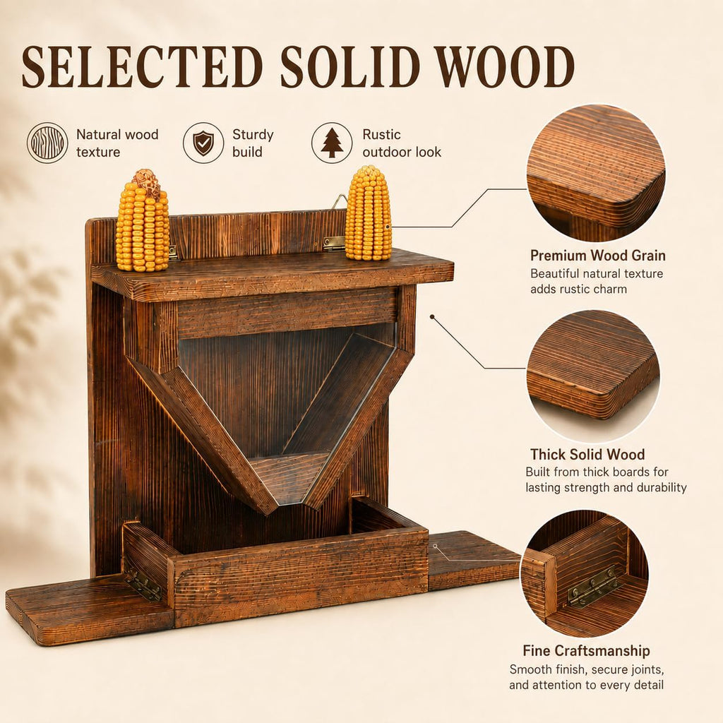 Large Wooden Squirrel Feeder Box for Outside, Window, Corn Holder, Platform