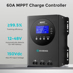 60A MPPT Solar Charge Controller 12V/24V/36V/48V Auto, Max 150V PV Input, LCD Display, Adjustable Parameter Solar