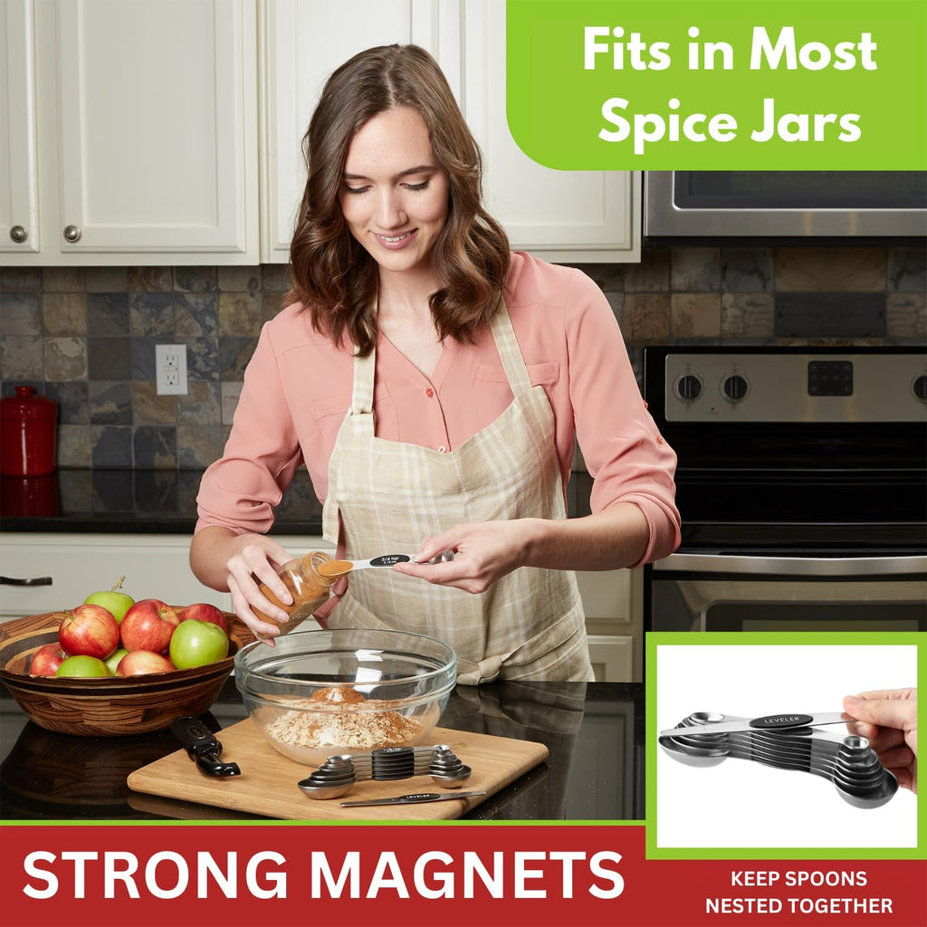 Stainless Steel Magnetic Measuring Spoons Set with Strong N45 Magnets, Heavy Duty Metal Kitchen Gadgets for Baking &
